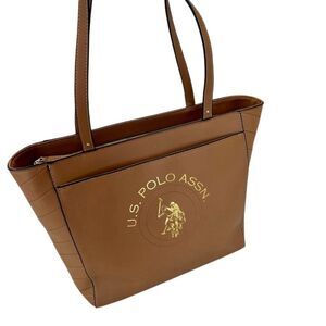 U.S. POLO ASSN. Women's Brown Embossed Logo Tote Bag with Zipper